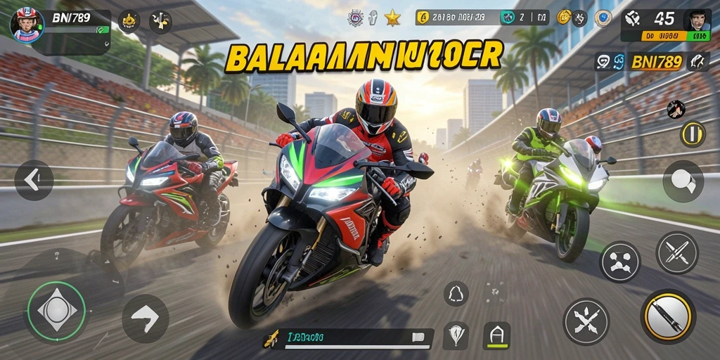 Tangkapan layar BNI789 menampilkan balapan motor yang penuh aksi dan kecepatan.