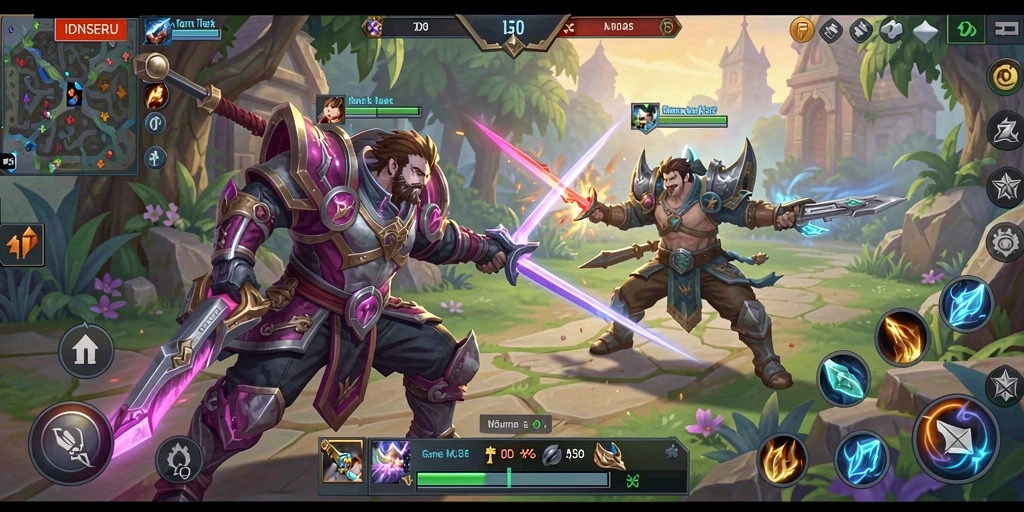 Screenshot utama IDNSERU menampilkan pertempuran seru antar pemain dalam mode MOBA.