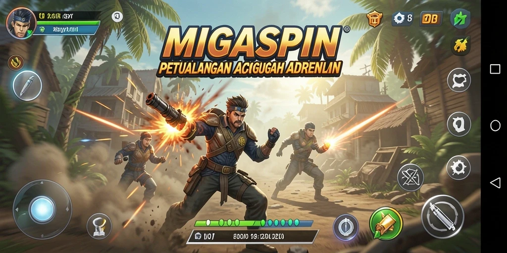 Tangkapan layar utama MIGASPIN menunjukkan aksi epik dan intens.
