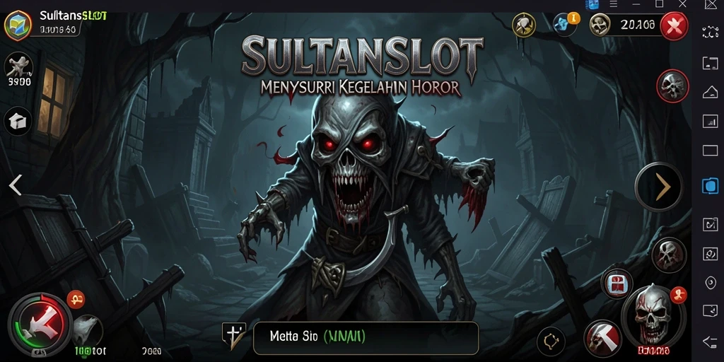Screenshot gameplay SULTANSLOT dengan suasana mencekam dan karakter menyeramkan.