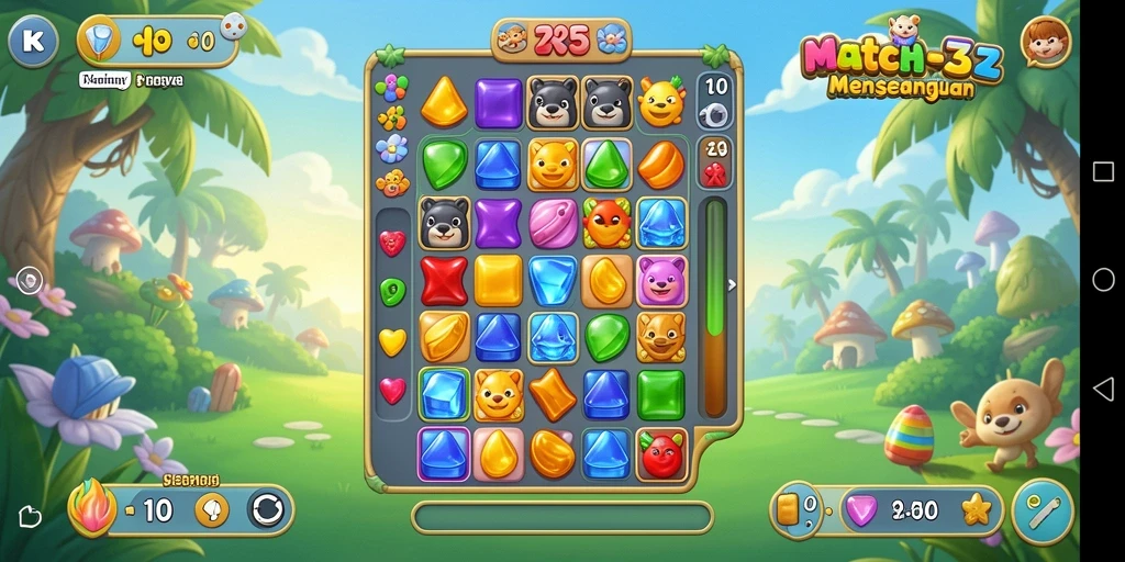 Screenshot utama T6 menunjukkan gameplay menantang dan ceria dalam genre Match-3.