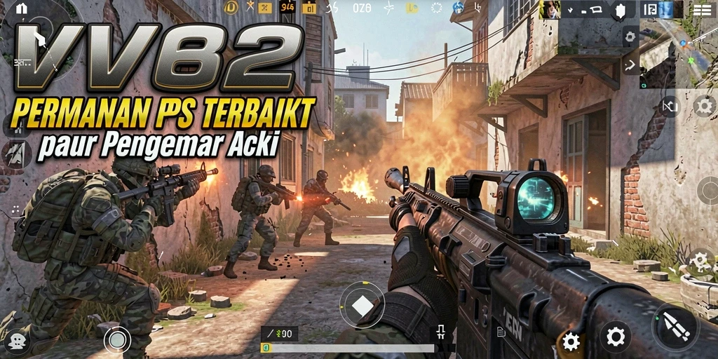 Screenshot menunjukkan aksi intens dalam gameplay FPS VV62.